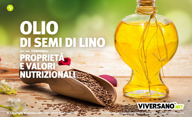 Immagine con olio di lino in una boccetta e semi di lino posti sopra un cucchiaio di legno