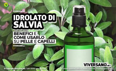 Foglie di salvia fresca e bottiglietta di idrolato