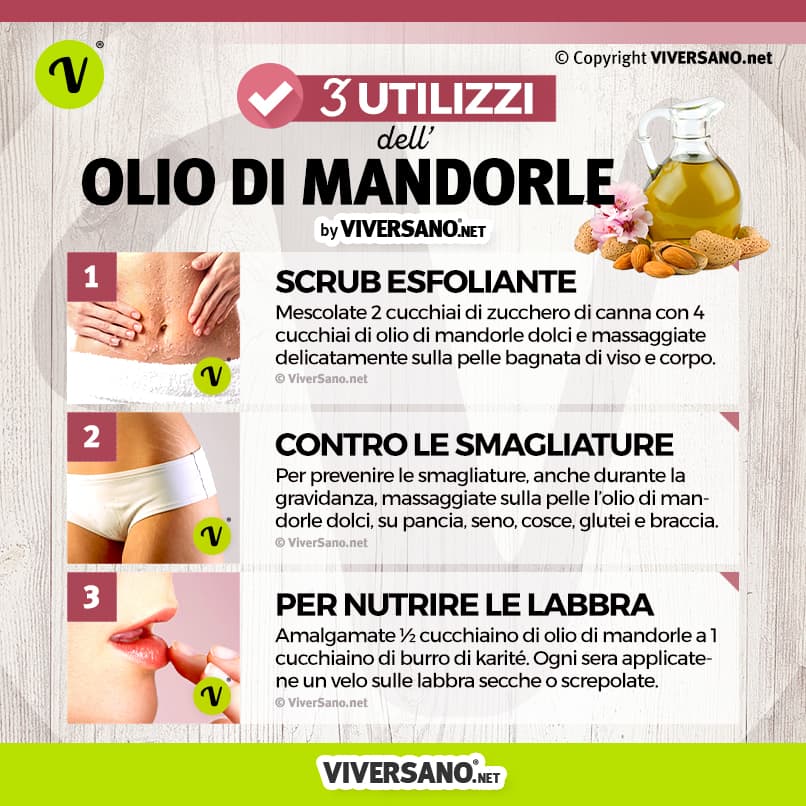 Infografica: 3 usi dell'olio di mandorle dolci